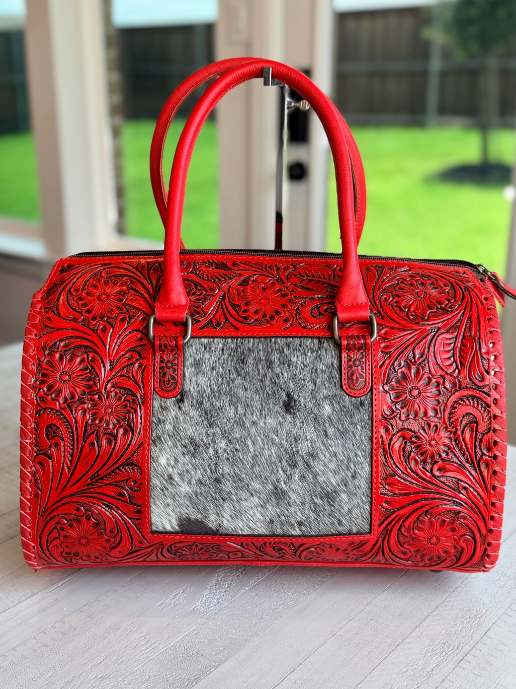 Genuine Leather Cowhide Western Speedy Purse Tooled Floral Red Satchel Bag Large